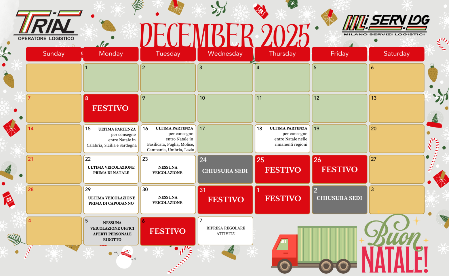 Calendario operatività dicembre 2025